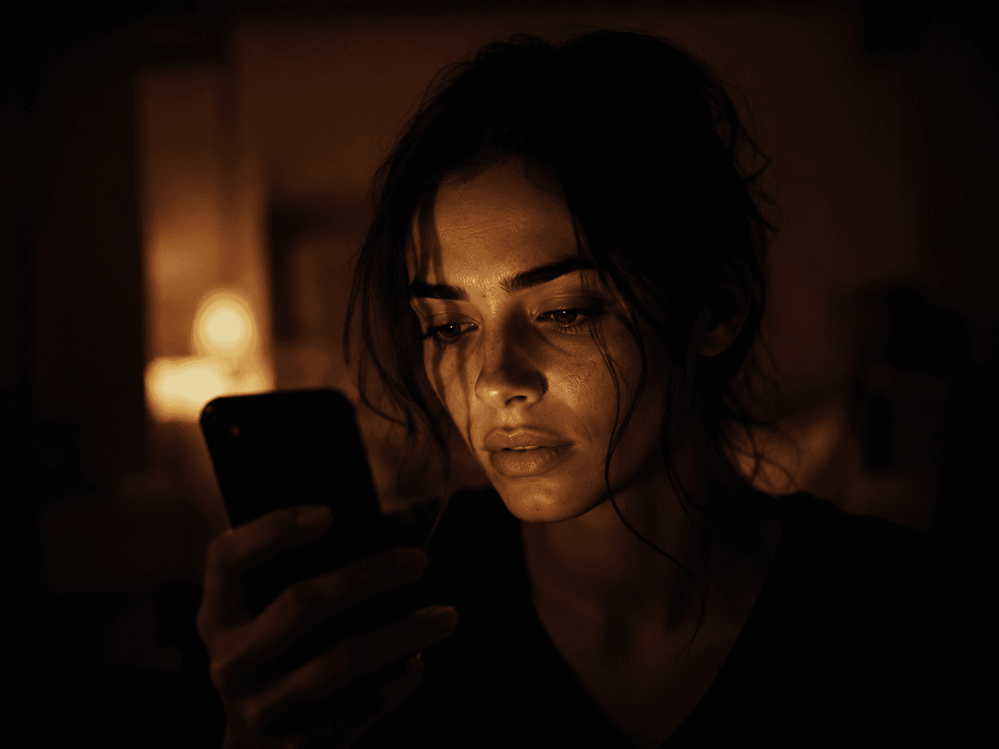 Incoming call lighting a face in warm low light