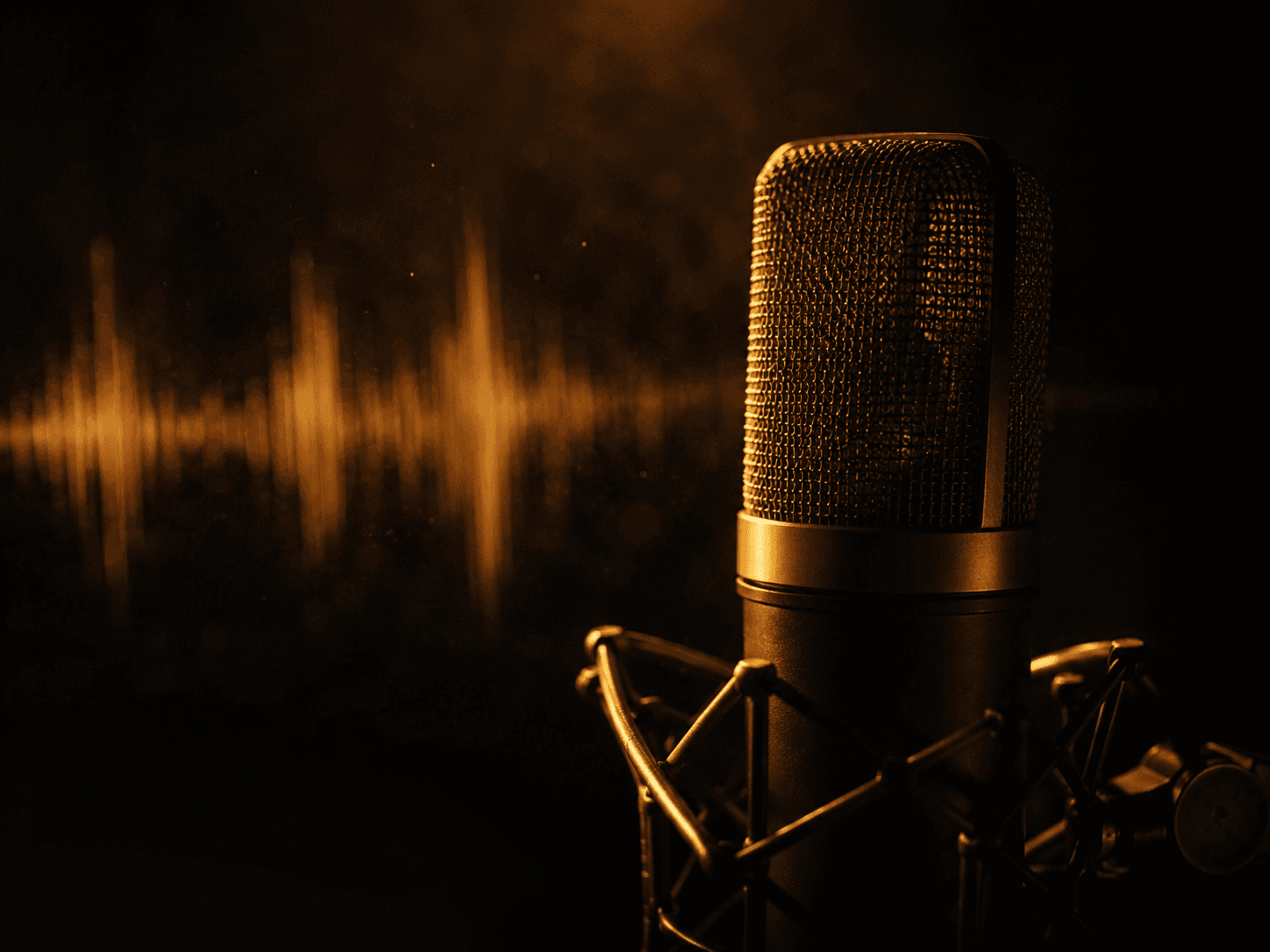 Glowing studio microphone in warm darkness