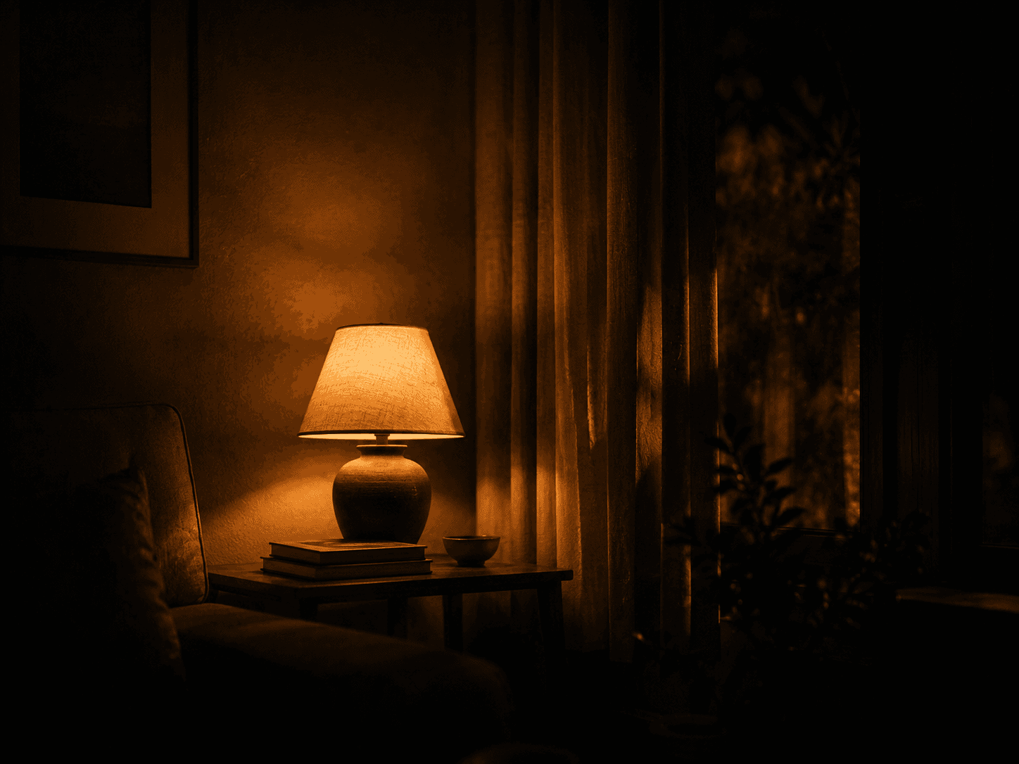 A single warm light glowing inside a calm dark room